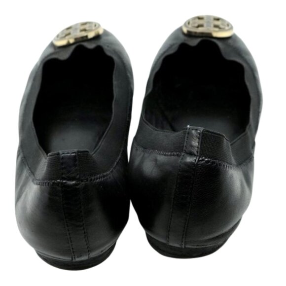 TORY BURCH~Caroline~BLACK LEATHER BALLET FLATS GOLD REVA LOGO SHOES  SZ 10 - Picture 6 of 7
